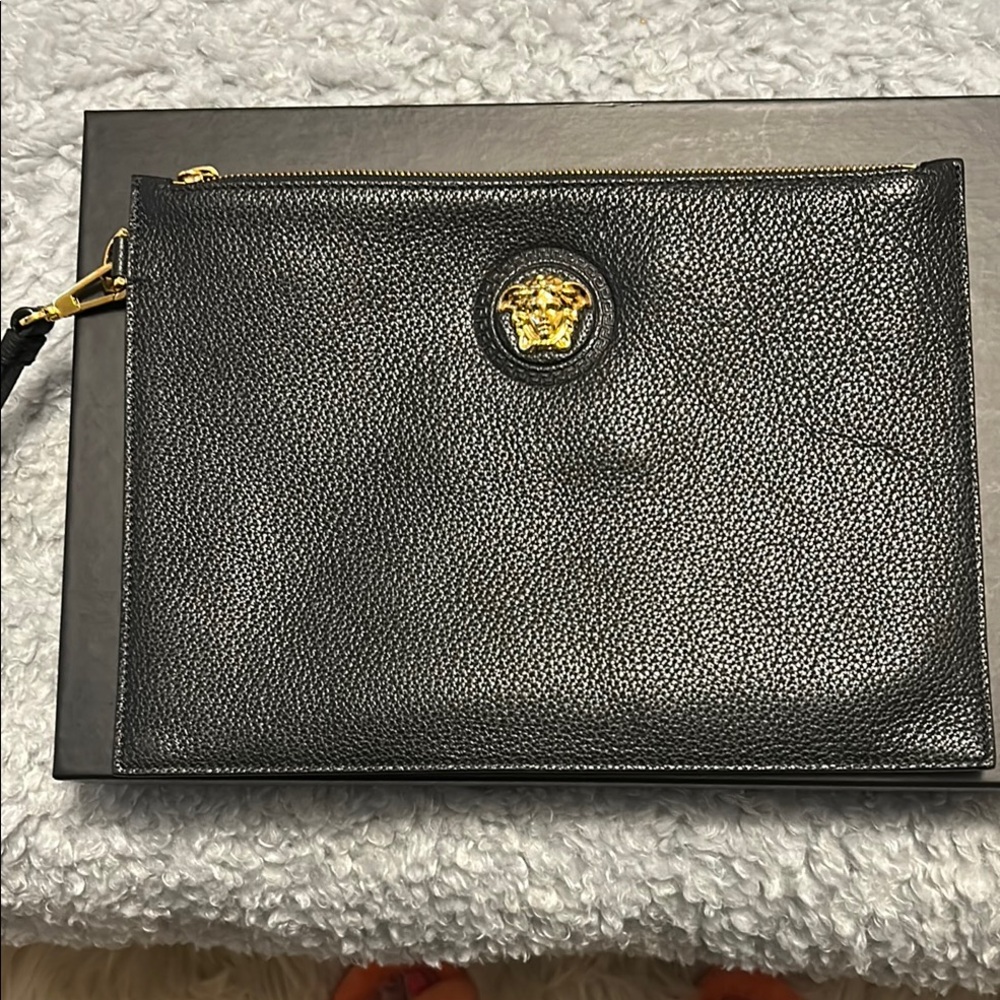 Versace Black Leather Woman oversized clutch